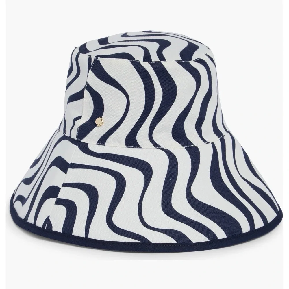 Kate Spade Cabana Wave Long Brim Bucket Hat Cream Navy